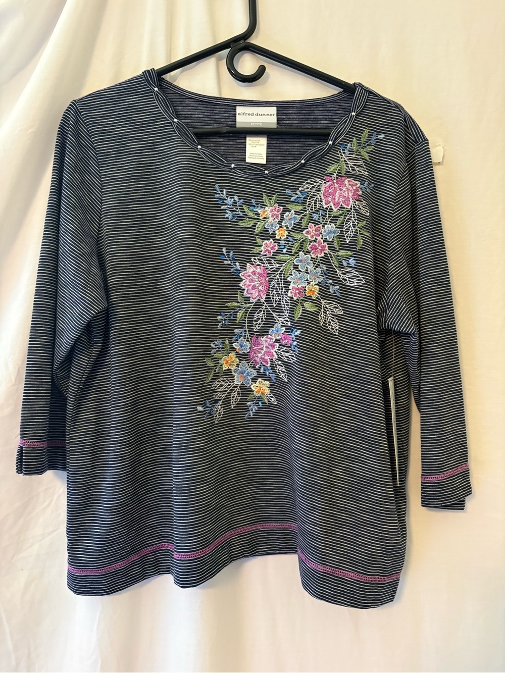 Alfred Dunner Navy & White Striped Long Sleeve Top with Pink Floral Embroidery